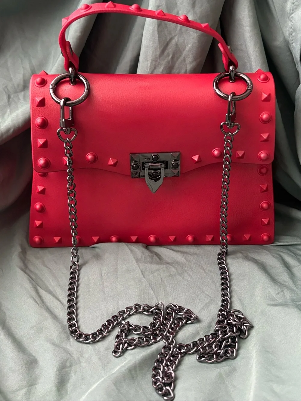 Studded Red Shoulder Bag with Chain Strap